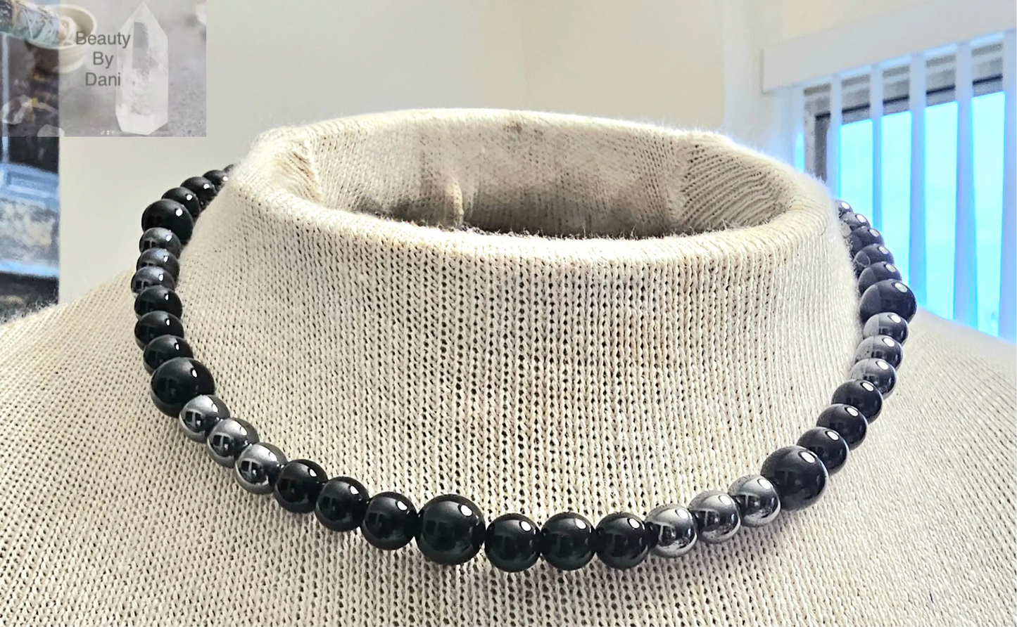 Blackstone and Hematite Necklace - 18 Inch Beads Beauty by Dani