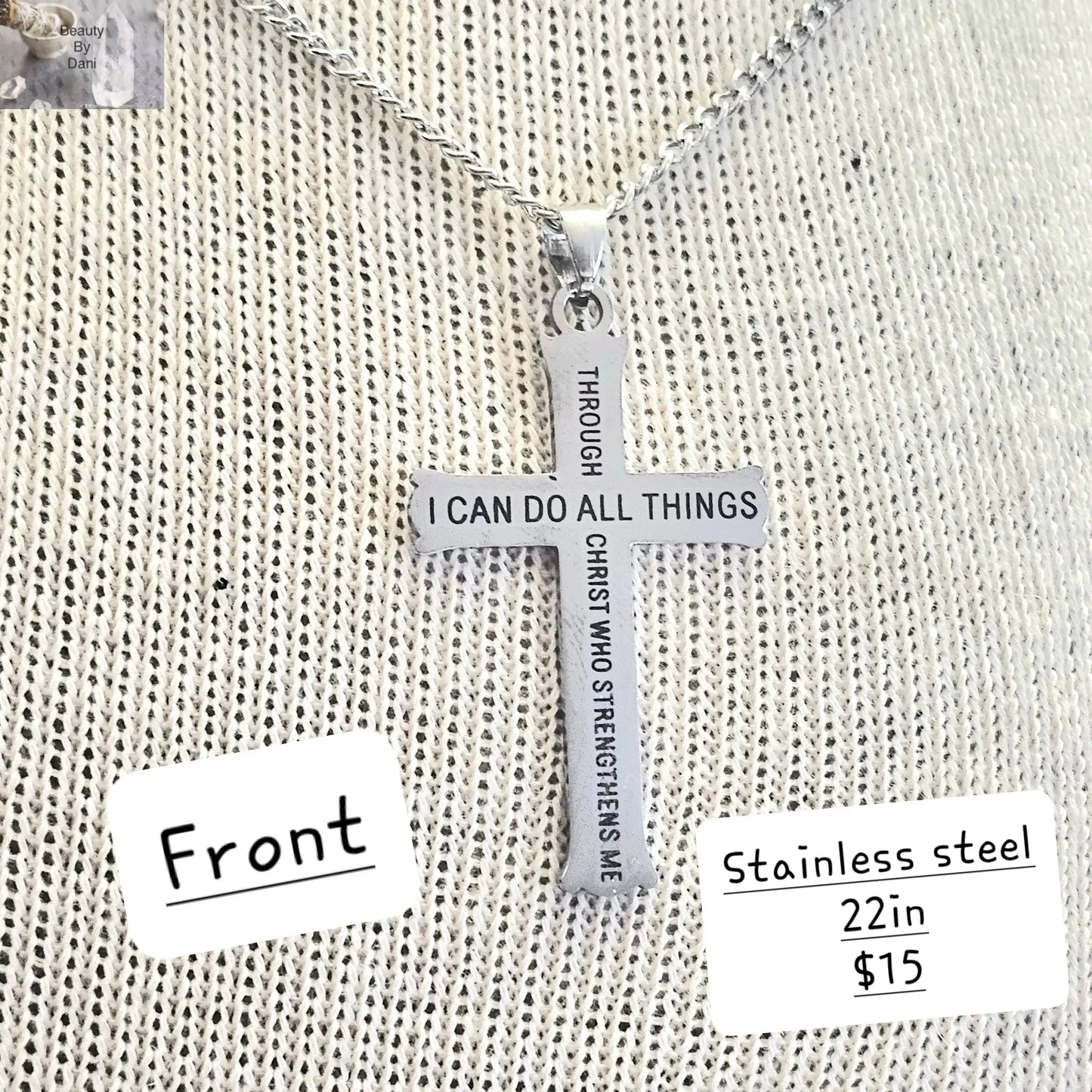 Stainless steel Cross Necklace (Phil 4:13) - Beauty by Dani