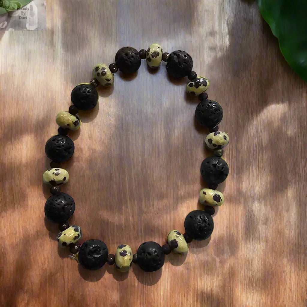 Lava & Dalmatian Jasper Stretch Bracelet includes (2) 1ml oil bottle (lavender and eucalyptus) Beauty by Dani Gems and More