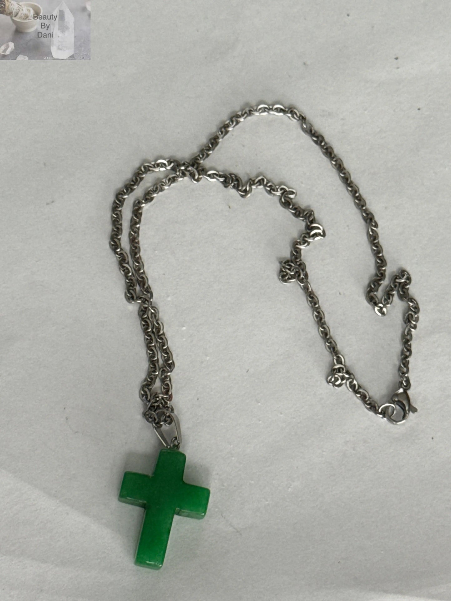 Jade Cross Necklace with Stainless Steel Chain Beauty by Dani