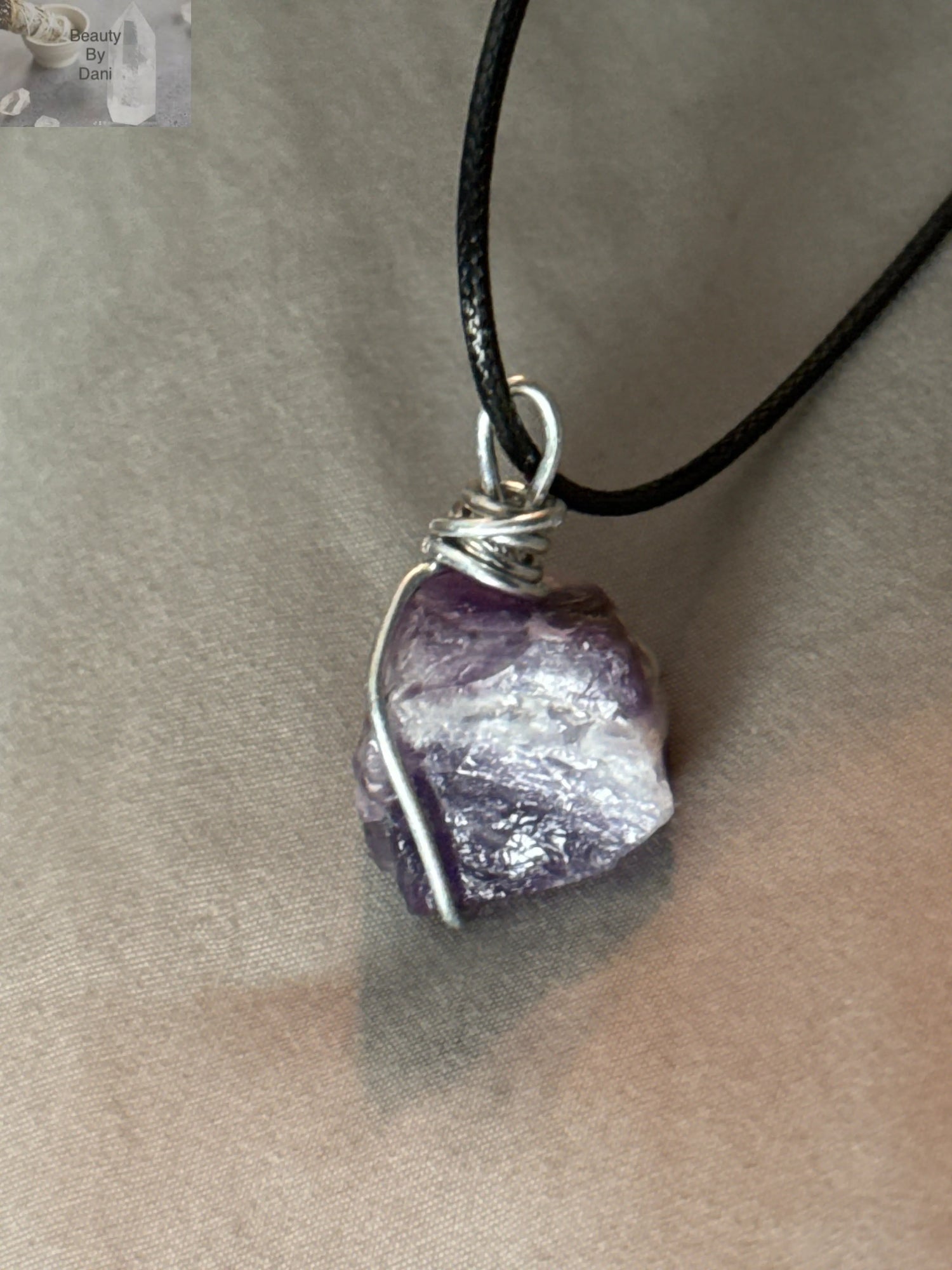 Amethyst Gemstone Necklace with Stainless Steel and Leather Beauty by Dani Gems and More