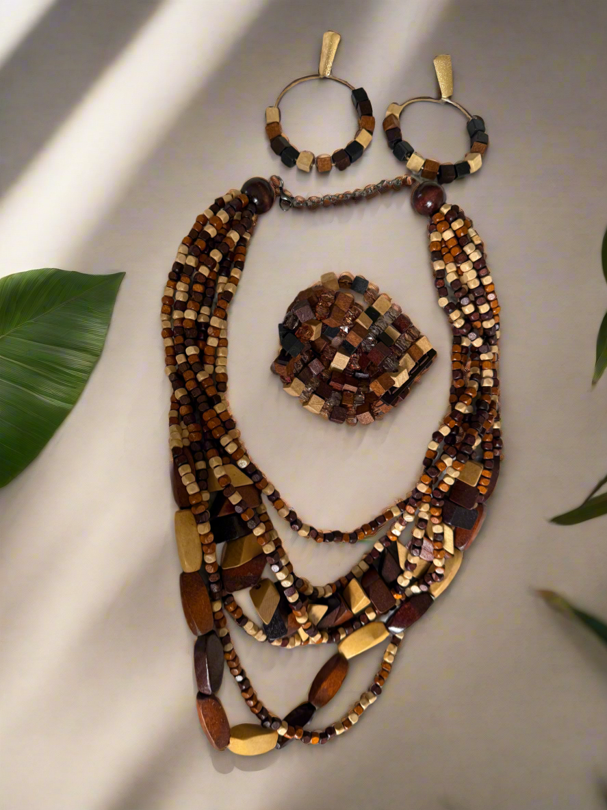 Exquisite Wood Jewelry Set - Necklace, Earrings & Bracelet