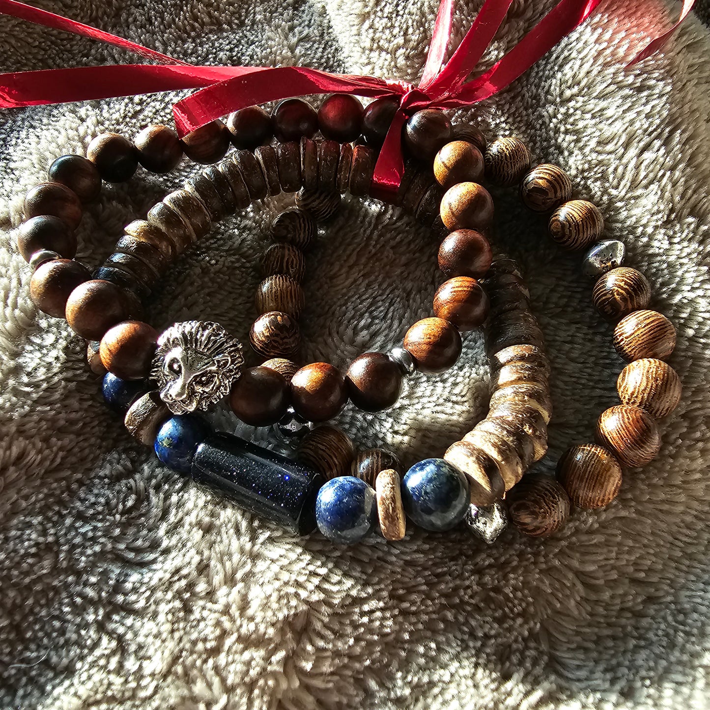 Lion, Goldstone and Lapis with Wood Bracelet Set - Beauty by Dani