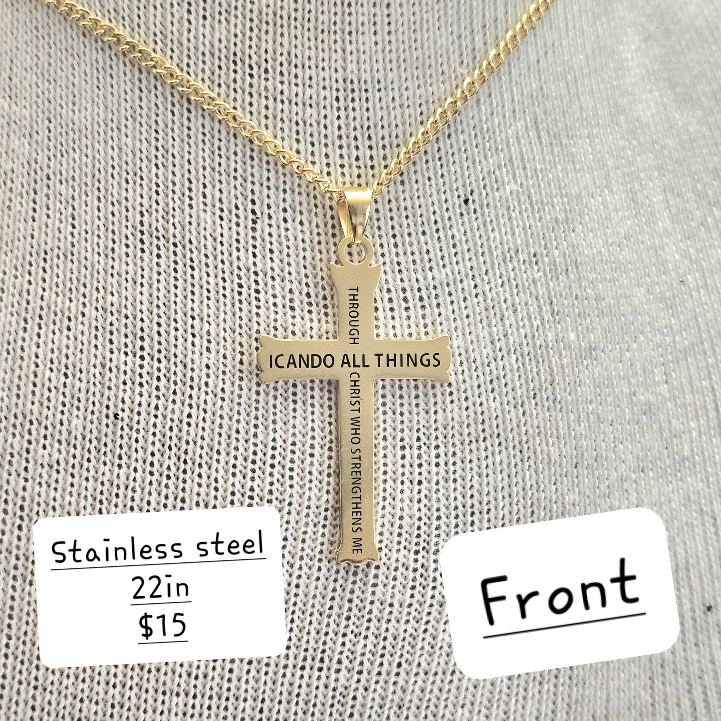 Stainless steel Cross Necklace (Phil 4:13) - Beauty by Dani