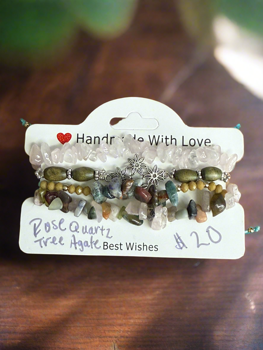 Gemstone and Cloth Adjustable Bracelet Set