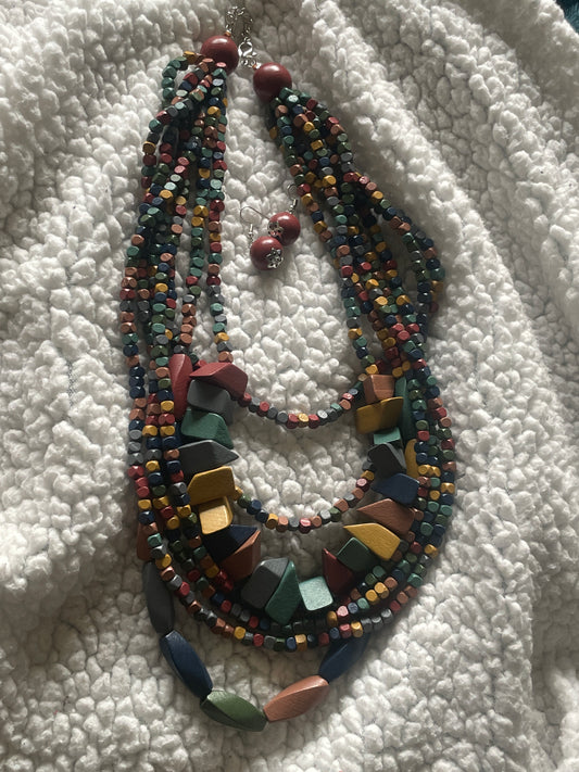 Wood Chunky Necklace and Earrings