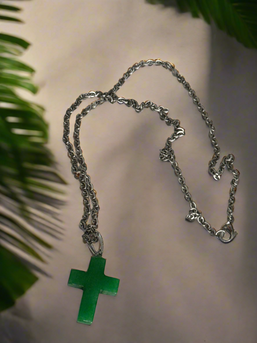 Jade Cross Necklace with Stainless Steel Chain