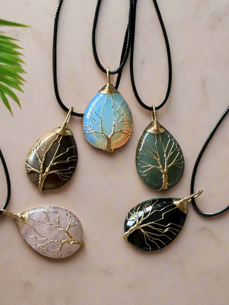 Goldtone Wire Gemstone Tree of Life Necklace