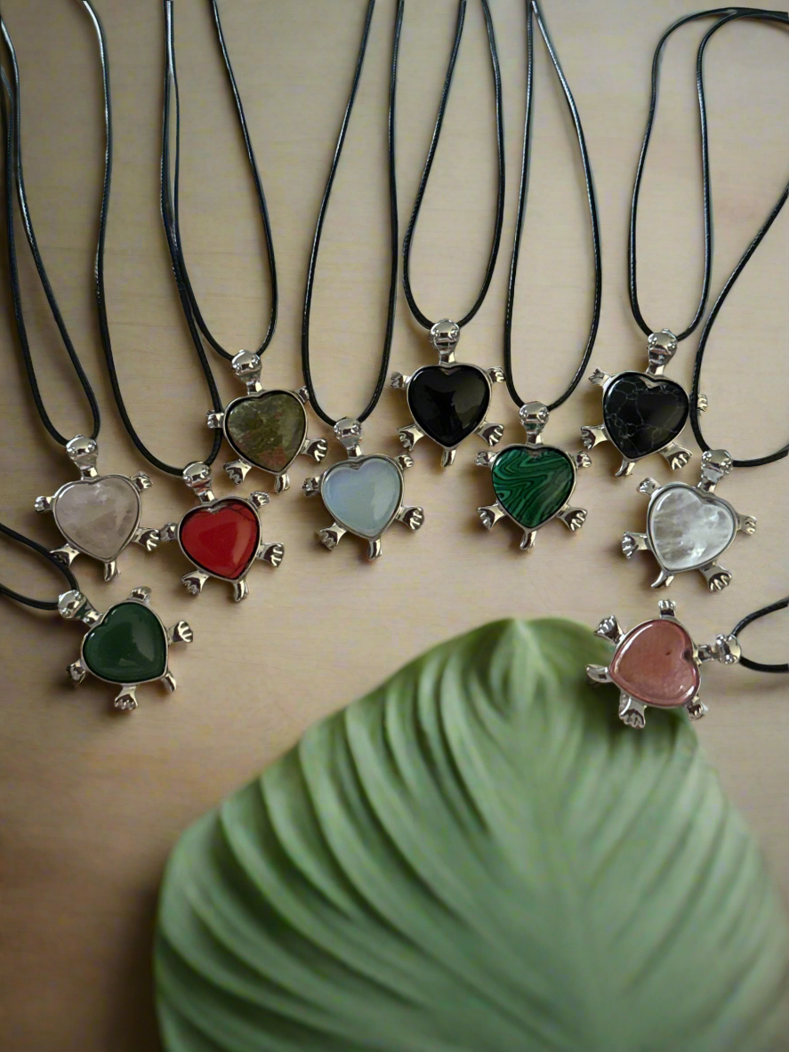 Turtle Gem Necklace - Stainless Steel with Leather Cord