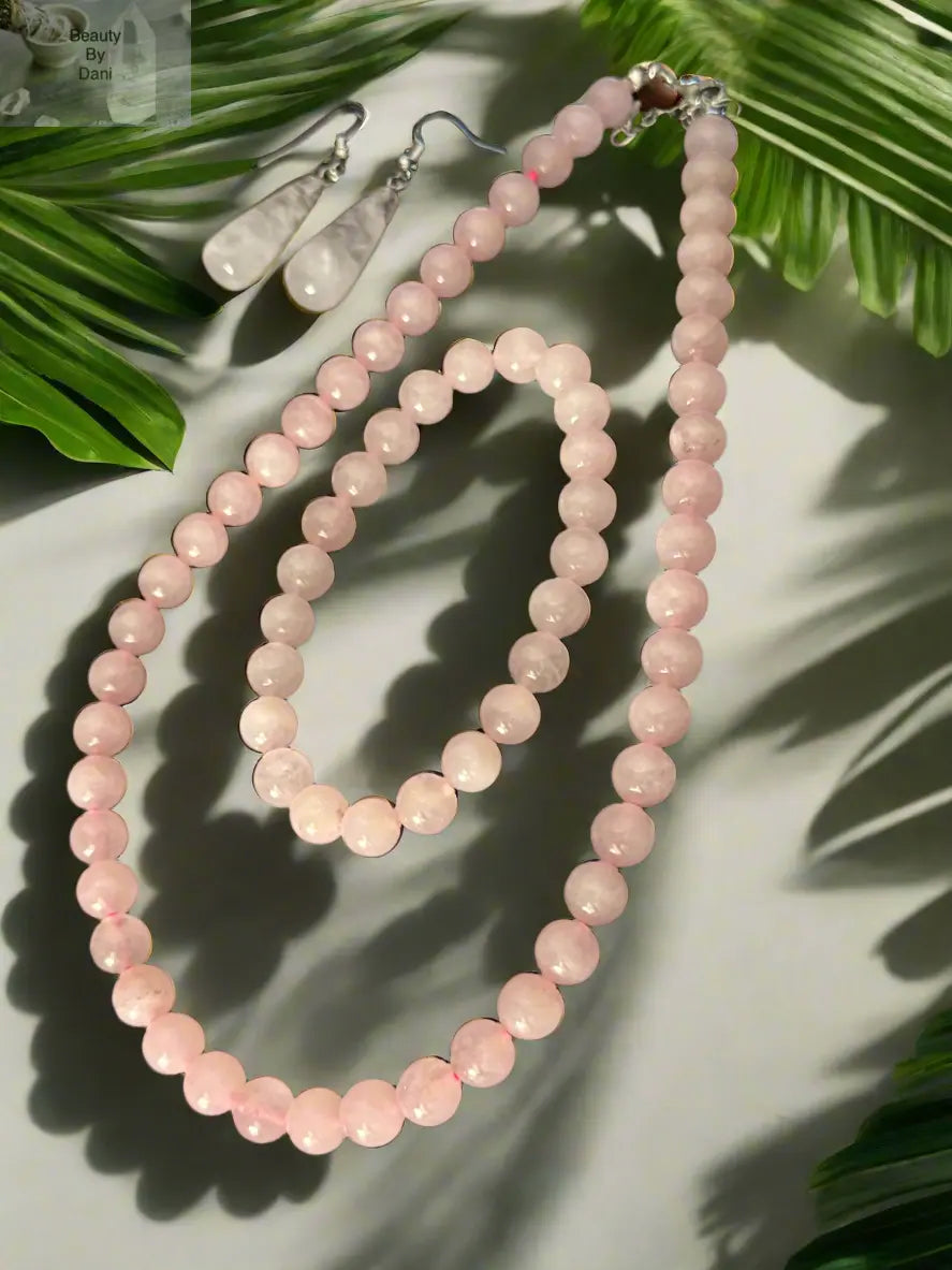 Rose Quartz Beaded Necklace, Bracelet and Earring Set Beauty by Dani