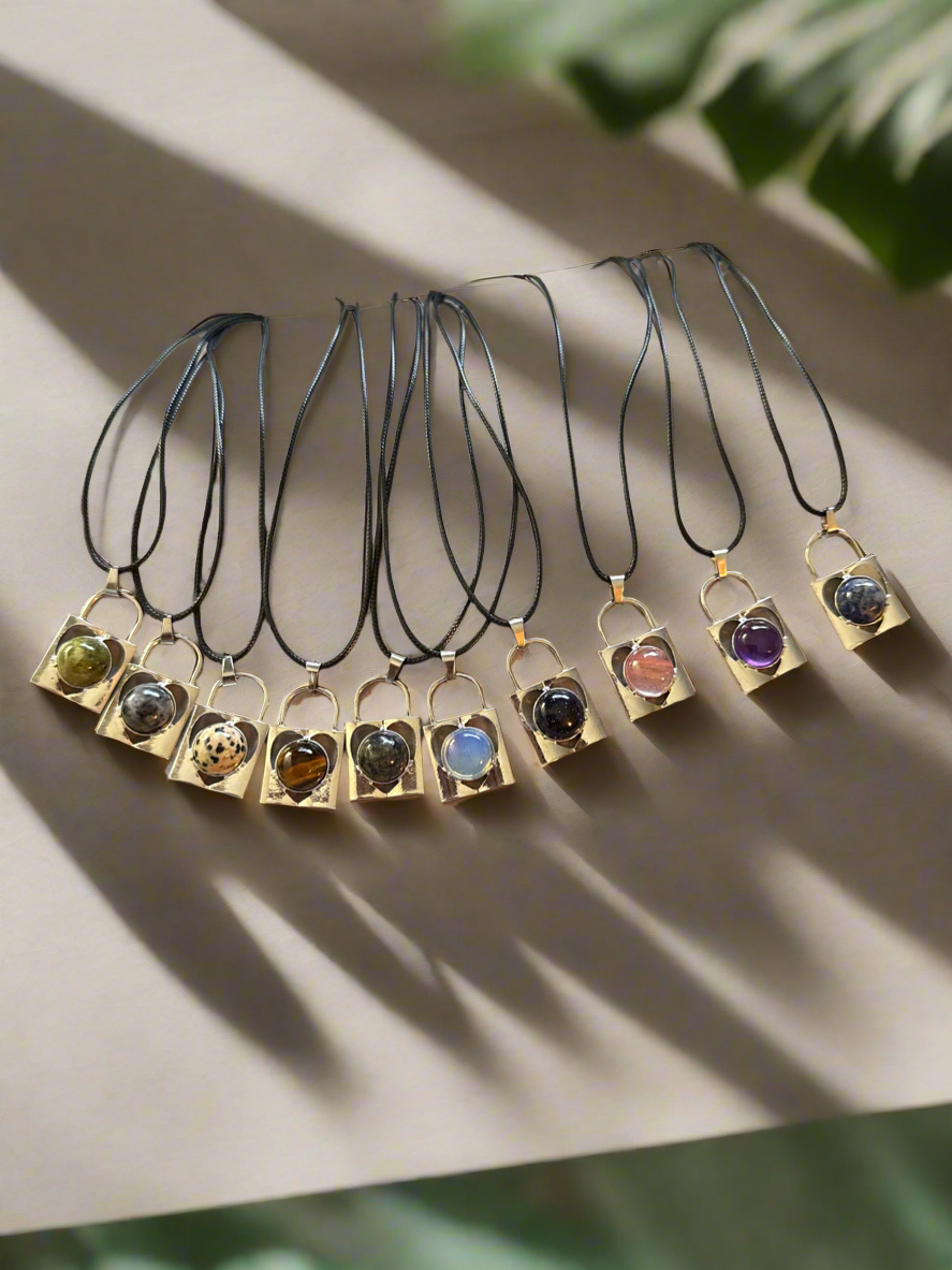 Lock Gem Necklace with Leather Cord