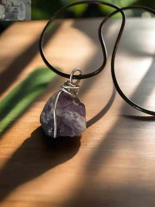 Amethyst Gemstone Necklace with Stainless Steel and Leather Beauty by Dani Gems and More