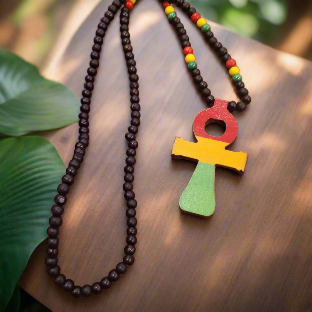 Wood Ankh Necklace with Beads