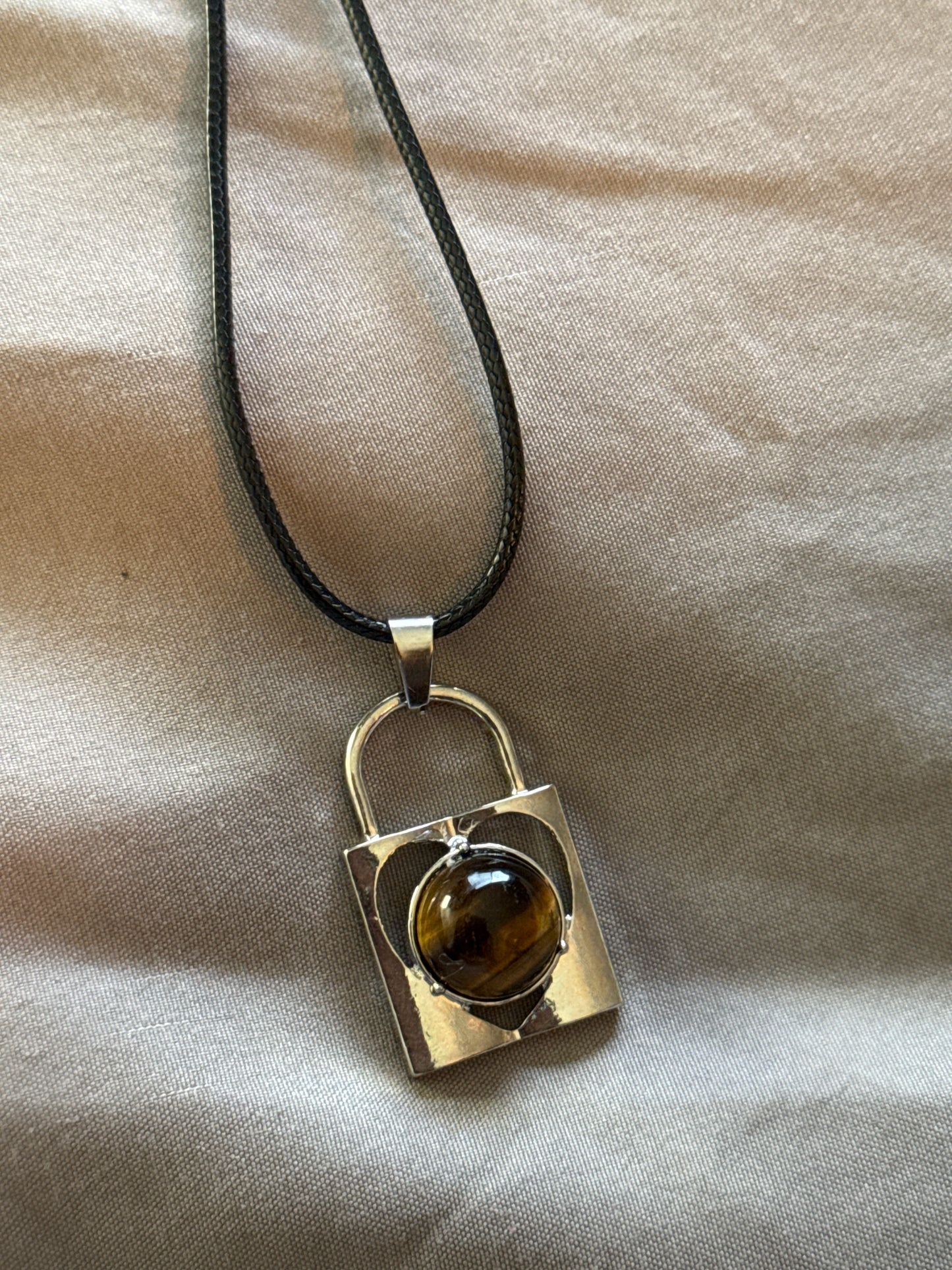 Lock Gem Necklace with Leather Cord