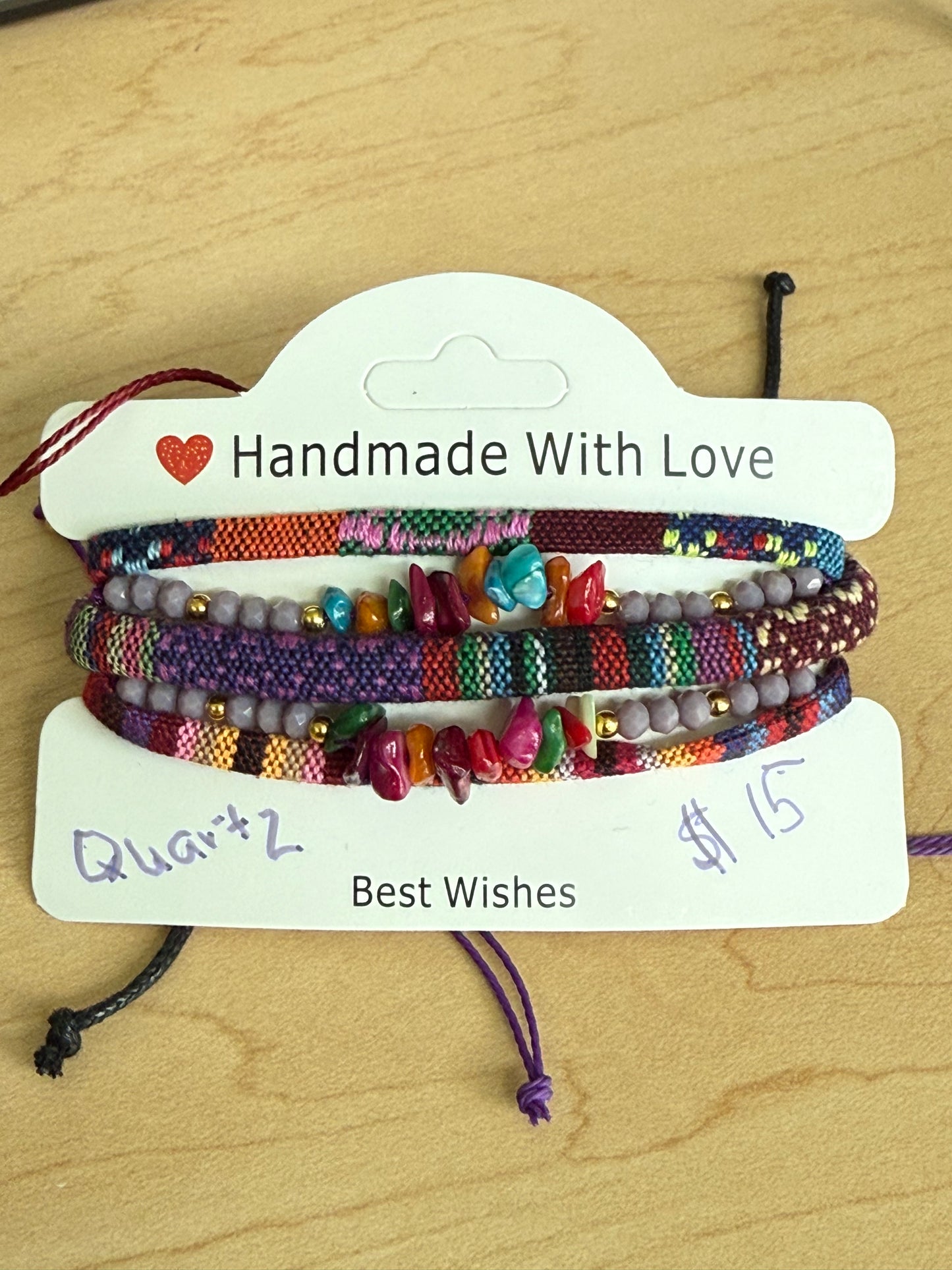 Gemstone and Cloth Adjustable Bracelet Set