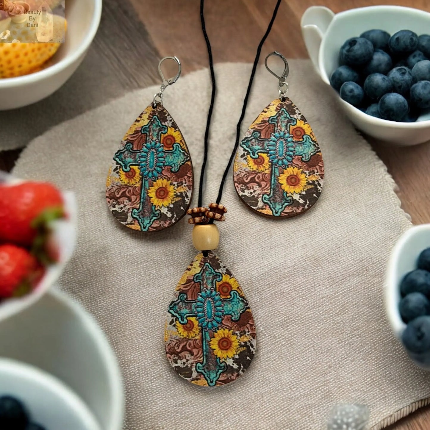 Handcrafted Wood Earrings & Pendant Cross Necklace Set