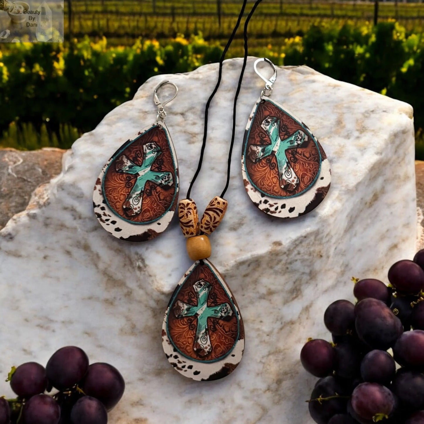Handcrafted Wood Earrings & Pendant Cross Necklace Set