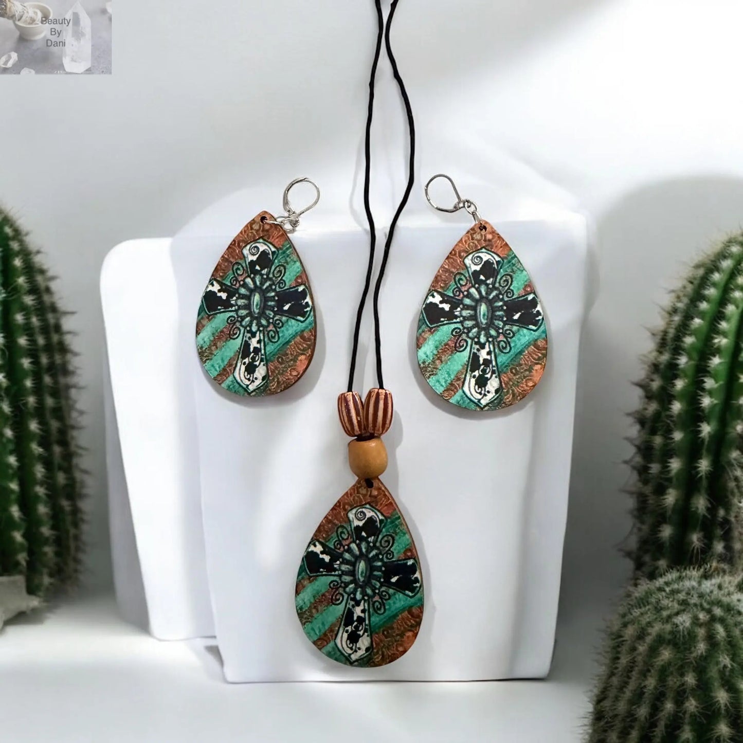 Handcrafted Wood Earrings & Pendant Cross Necklace Set