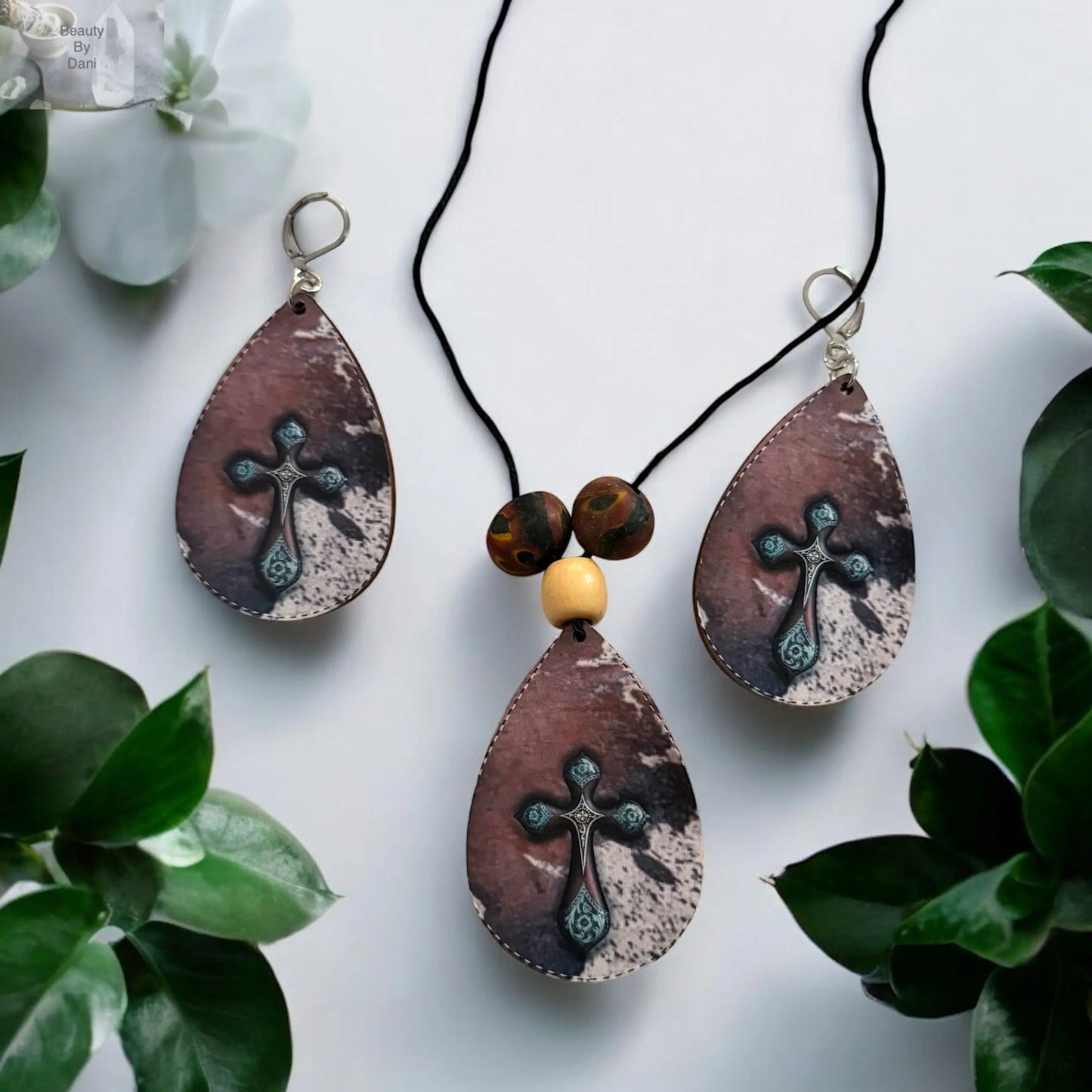 Handcrafted Wood Earrings & Pendant Cross Necklace Set