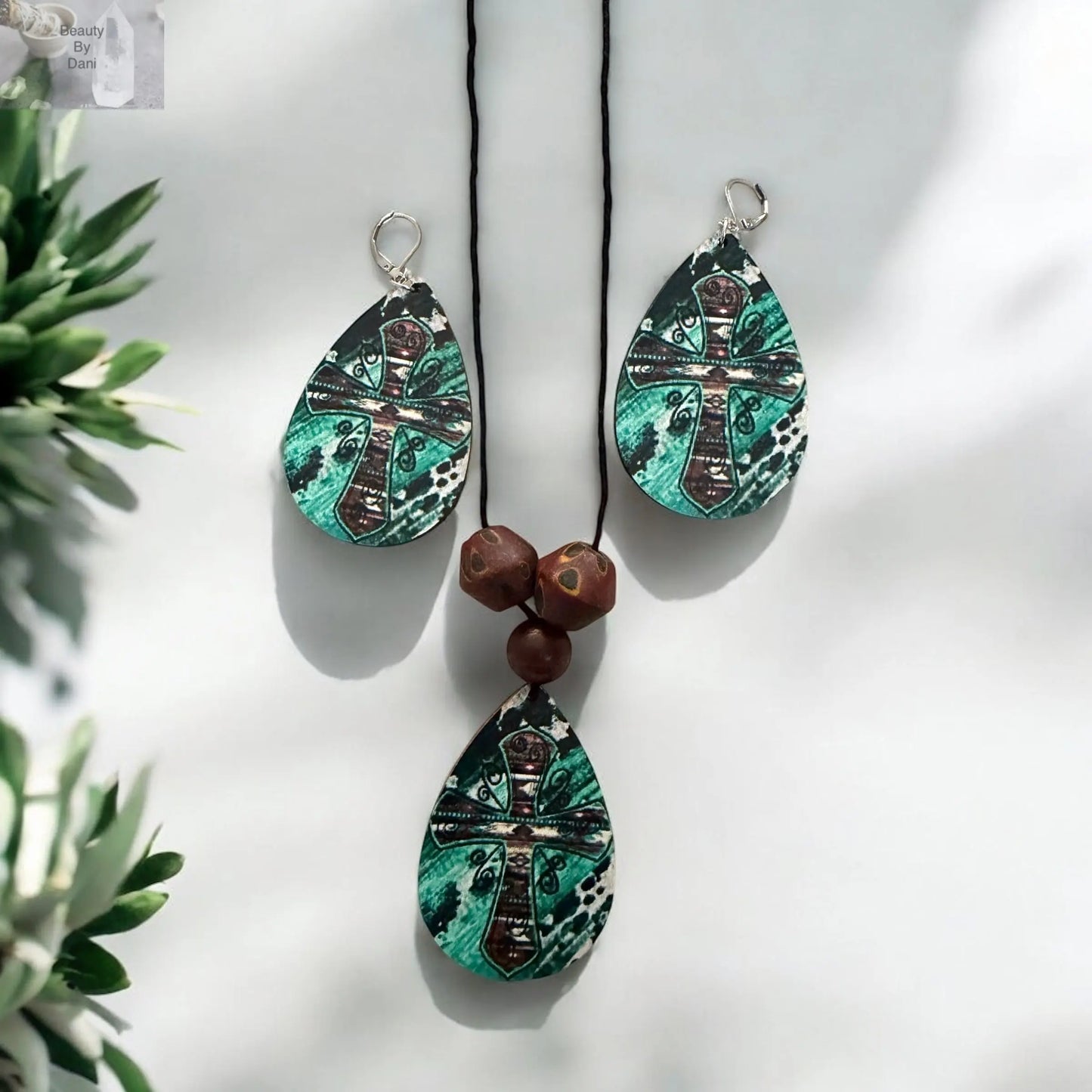 Handcrafted Wood Earrings & Pendant Cross Necklace Set