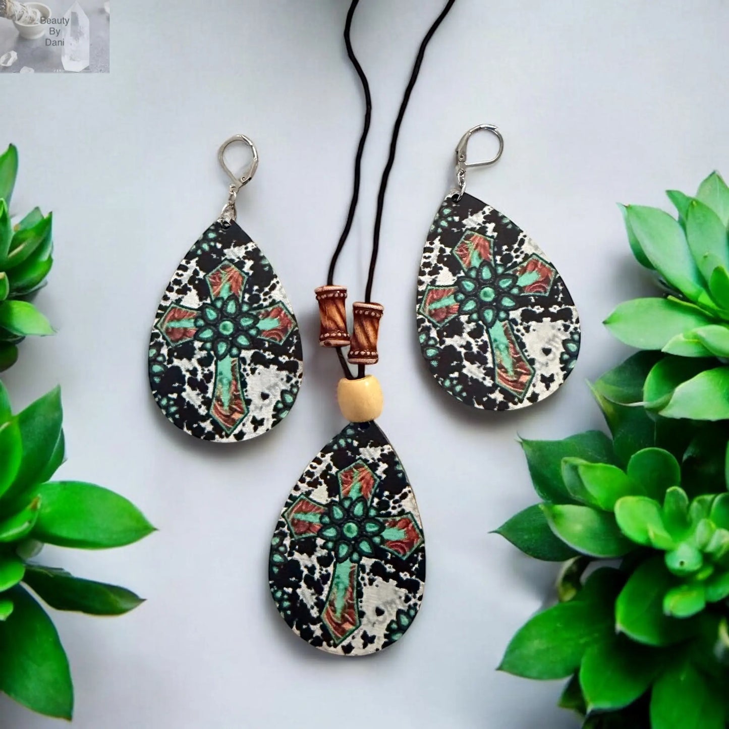 Handcrafted Wood Earrings & Pendant Cross Necklace Set