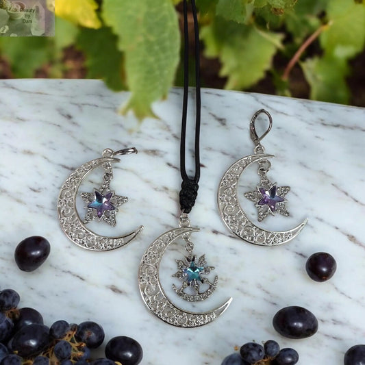 Moon and Rhinestone Star Necklace and Earrings