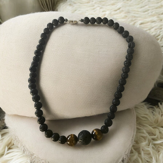 Tiger's Eye and Lava Bead Necklace