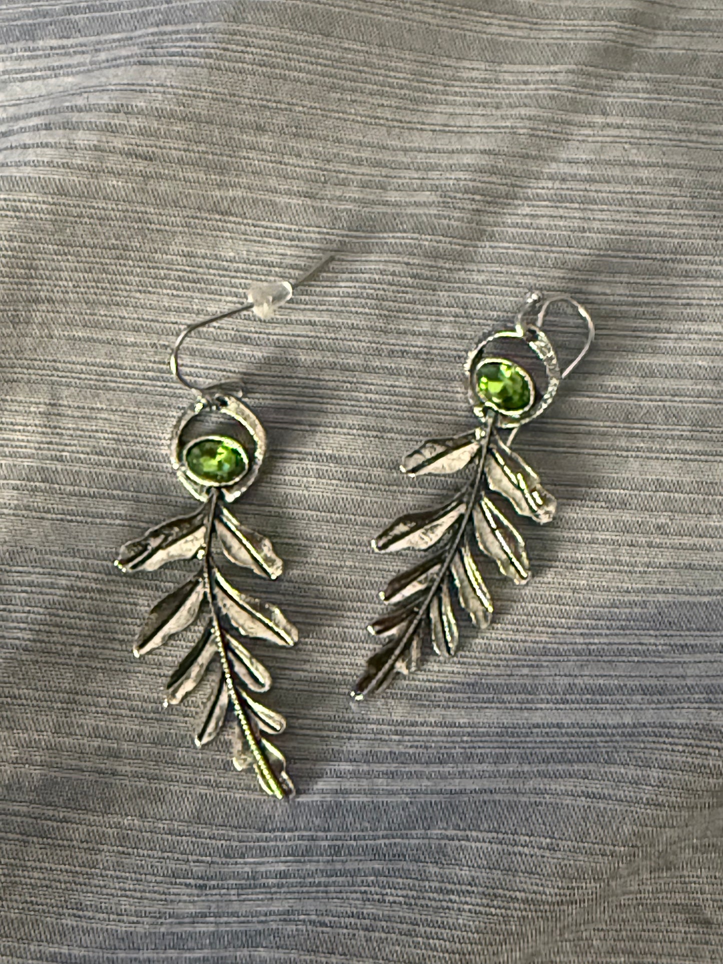 Stainless Steel Leaf Earrings with Green Accent
