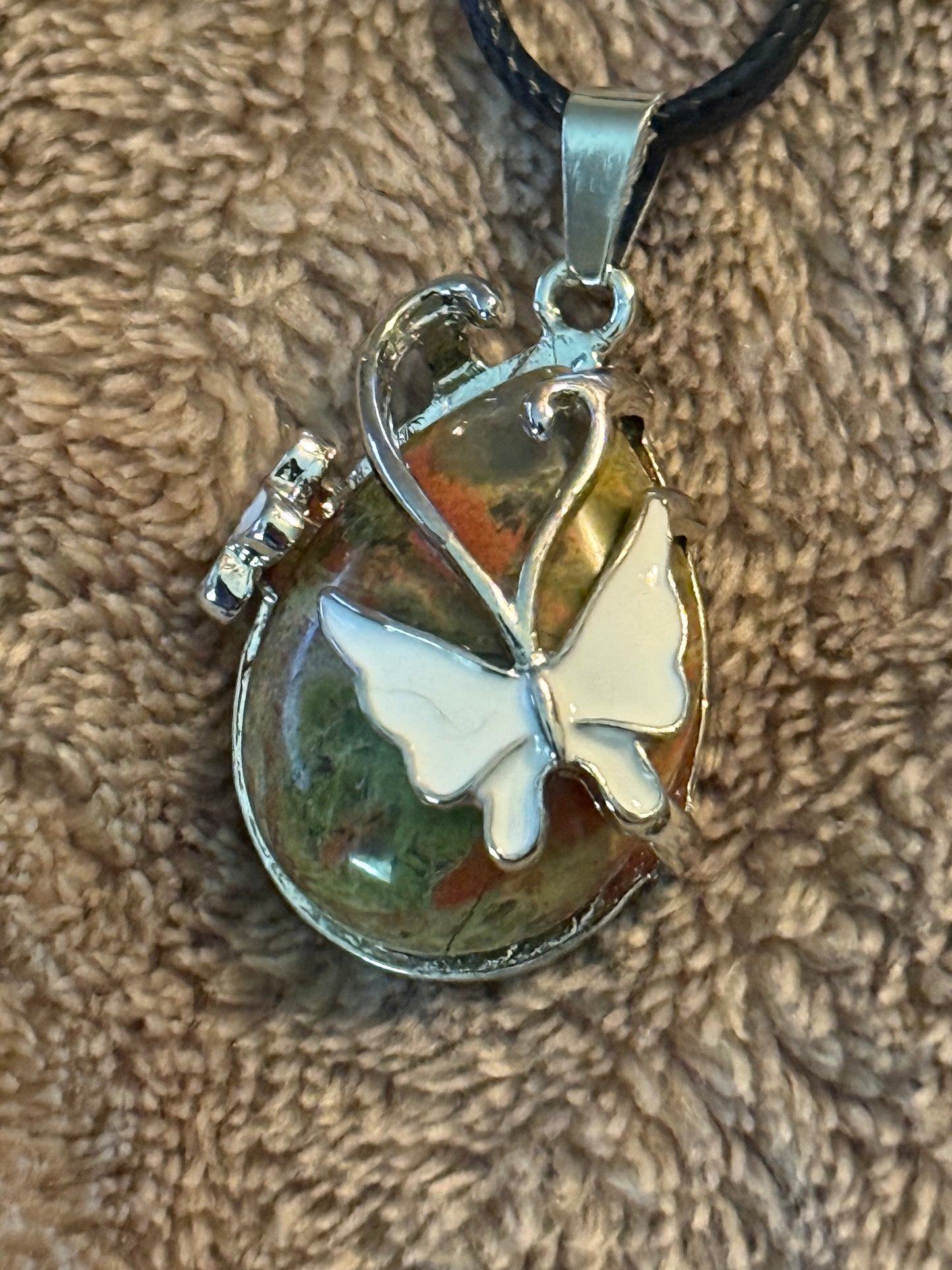 Butterfly Gem Necklace on Leather Cord